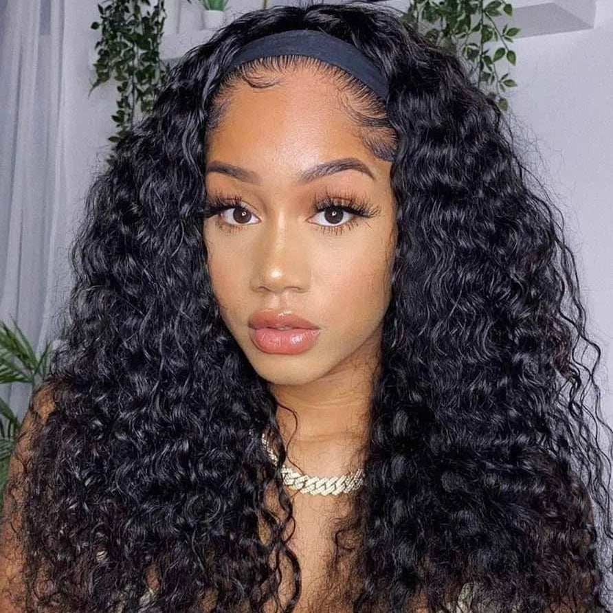 Headband wig deep wave Brazilian human hair for African American.
