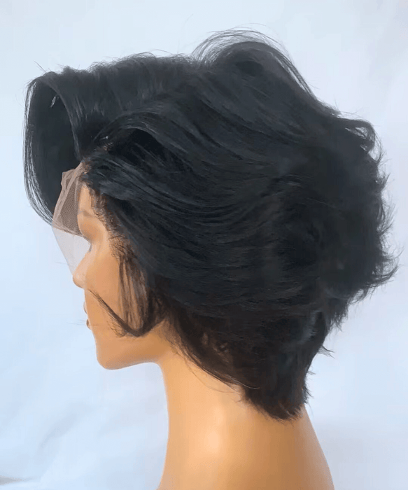 Black Pixie Cut Human Hair Lace Wig Wavy with Side Part Bangs-3