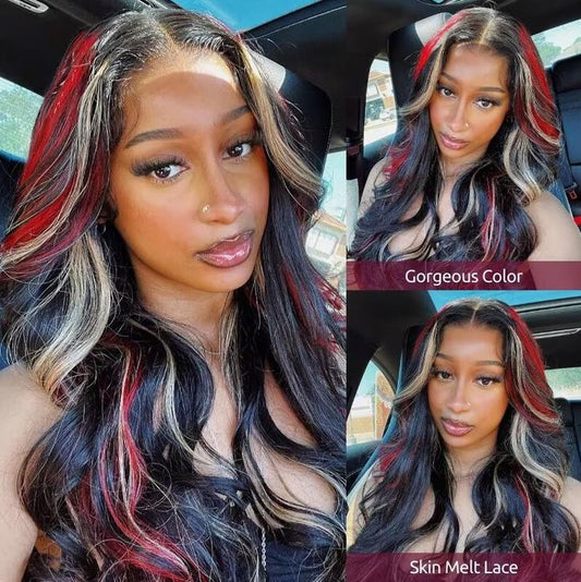 Red Highlight Loose Wave Glueless Lace Wig Human Hair for African American