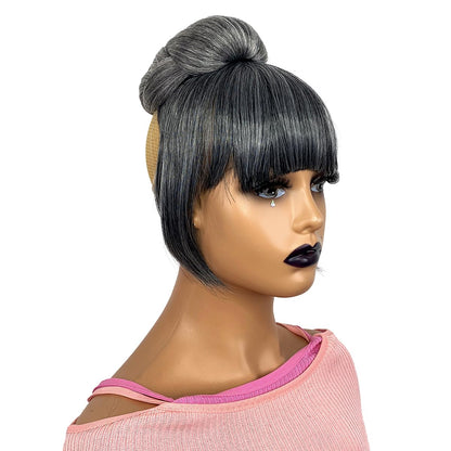 Salt and Pepper Grey Bun & Bangs Set 2PCS  for Black Women