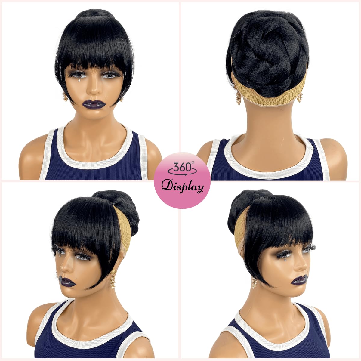 Bun with Bang Set 2pcs - Black Thick Curtain Bang with Twist Braided Bun Clip in