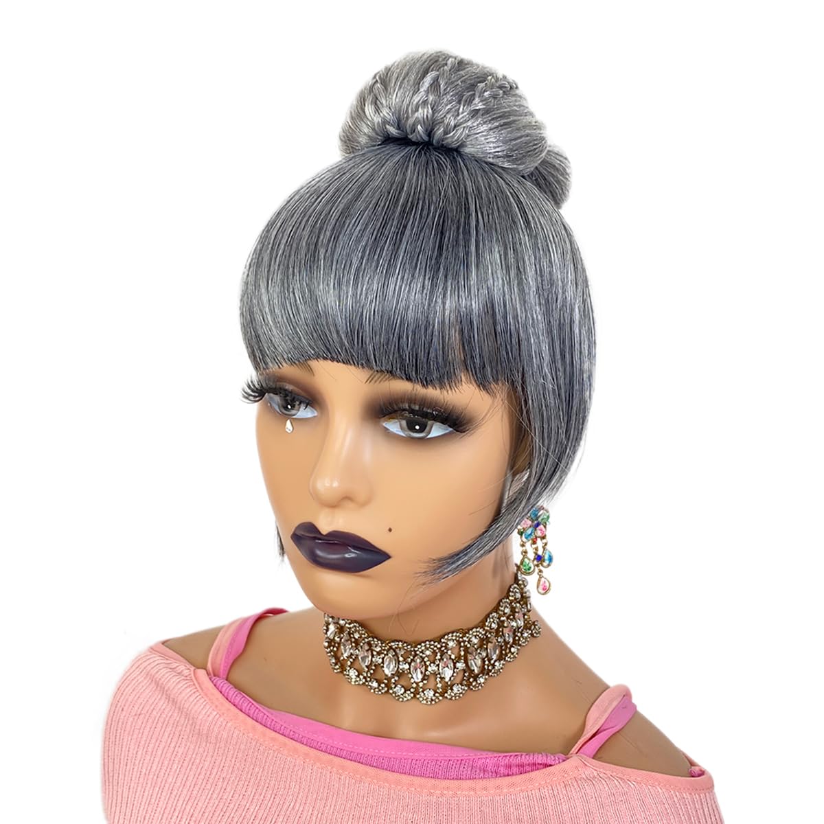 Salt and Pepper Grey Bun & Bang  Set  Hair Piece for Black Women