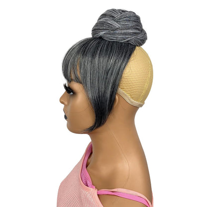 Salt and Pepper Grey Braided Bun with Bang Updo Braid Chignon for Black Women