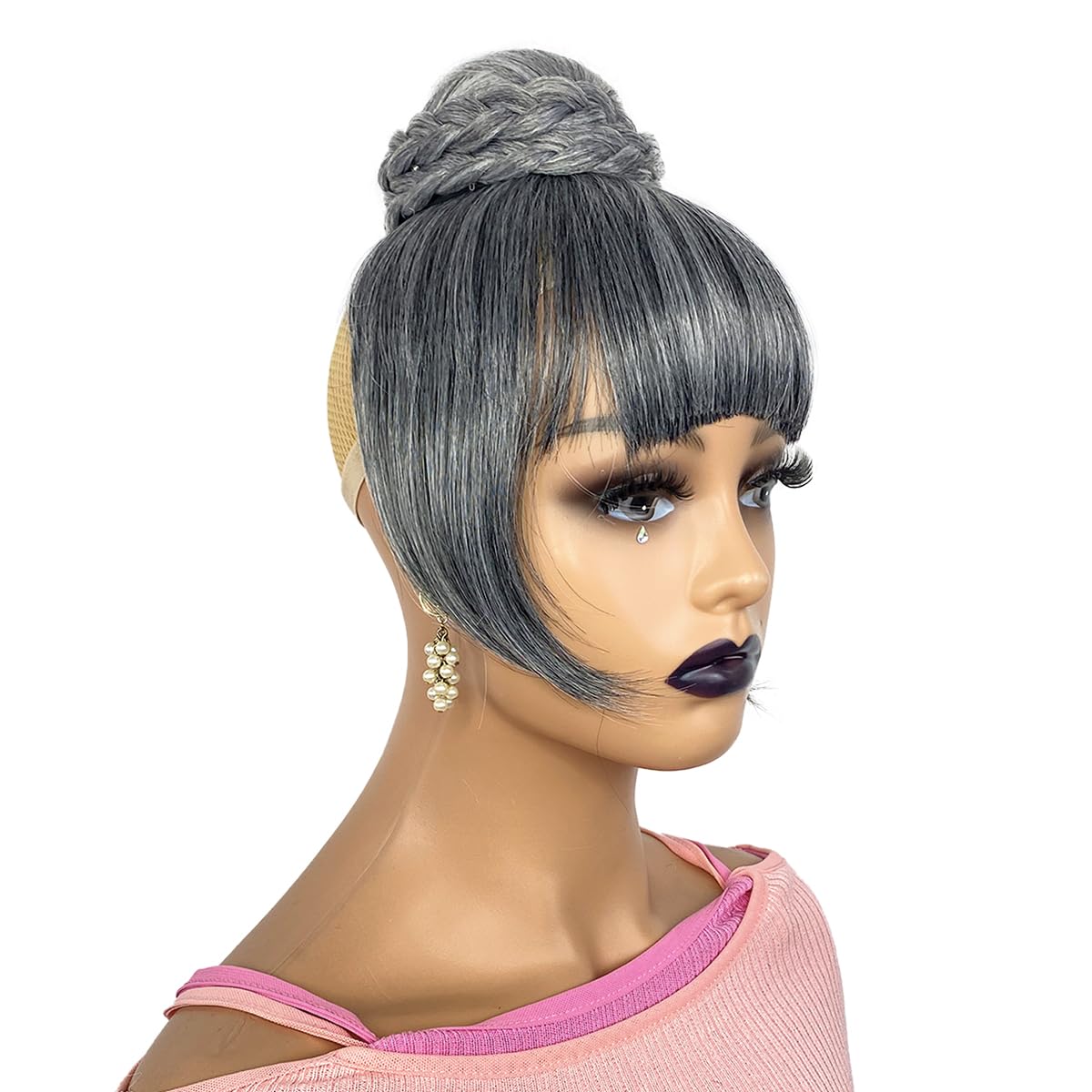 GRAY BUN BANG SET 2PCS - Quick Clip in Ponytail Gray Bun with Bang