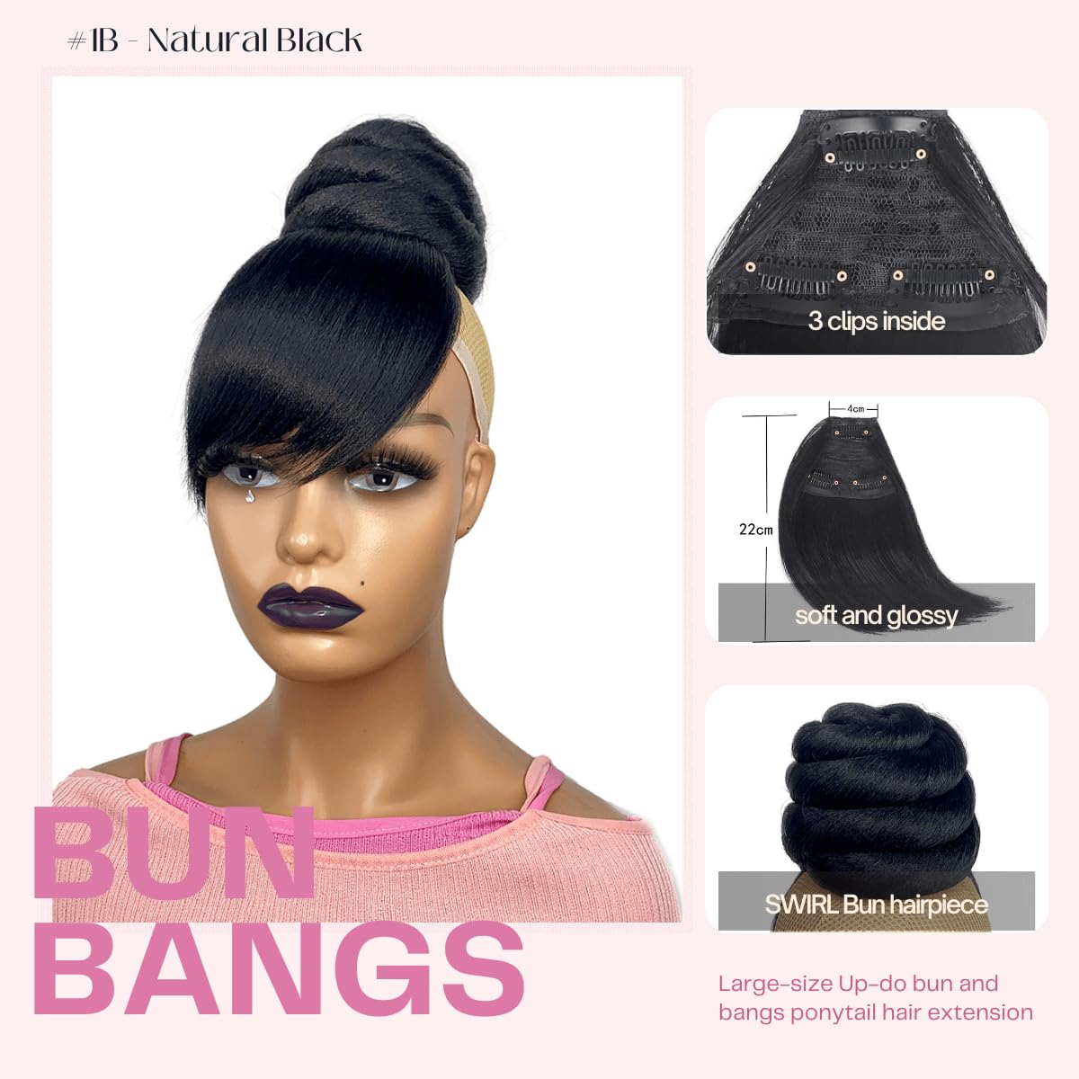 SWIRL BUN BANG SET 2PCS - Quick Medium Size China Bun with Swoop Side Bang