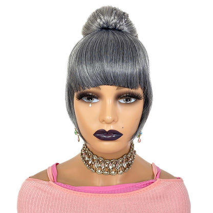 Salt and Pepper Grey Bun & Bang  Set  Hair Piece for Black Women