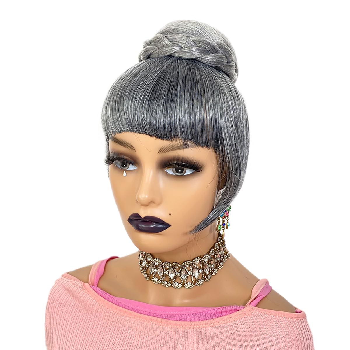 Grey Bun & Bang  Set  Salt and Pepper Hair Piece for Black Women