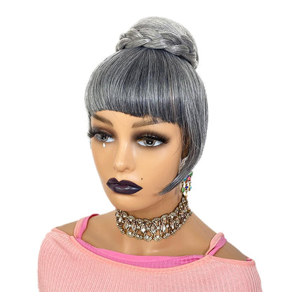 Grey Bun & Bang  Set  Salt and Pepper Hair Piece for Black Women