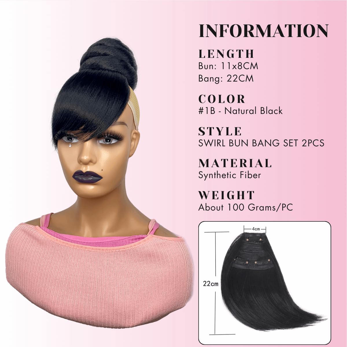 SWIRL BUN BANG SET 2PCS - Quick Medium Size China Bun with Swoop Side Bang