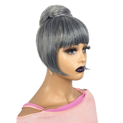 Grey Bun & Bangs Set 2PCS - Salt and Pepper Grey Twist Braided Chignon for Black Women