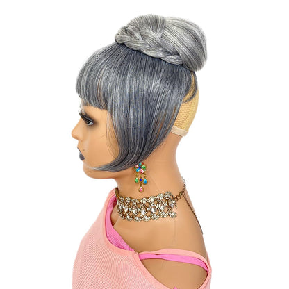 Grey Bun & Bang  Set  Salt and Pepper Hair Piece for Black Women