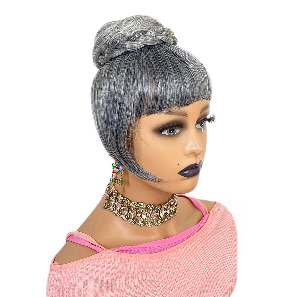 Grey Bun & Bang  Set  Salt and Pepper Hair Piece for Black Women