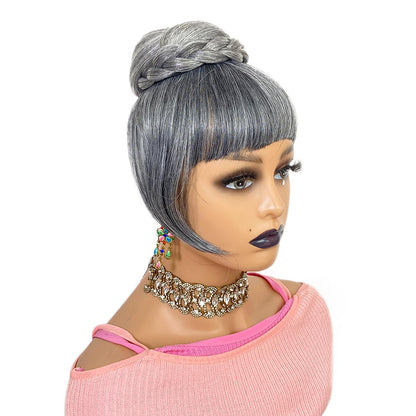 Grey Bun & Bang  Set  Salt and Pepper Hair Piece for Black Women