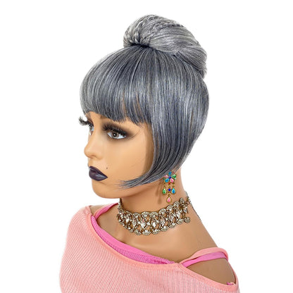 Salt and Pepper Grey Bun & Bang  Set  Hair Piece for Black Women