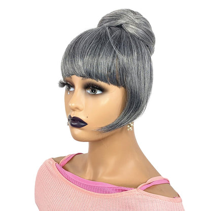 Grey Bun & Bangs Set 2PCS - Salt and Pepper Grey Twist Braided Chignon for Black Women