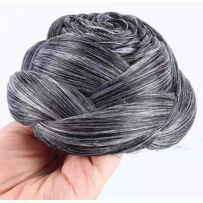 Salt and Pepper Grey Braided Bun with Bang Updo Braid Chignon for Black Women