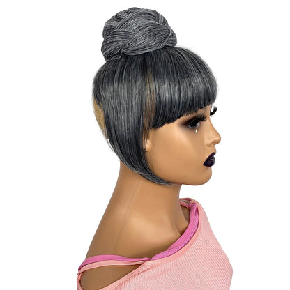 Salt and Pepper Grey Braided Bun with Bang Updo Braid Chignon for Black Women