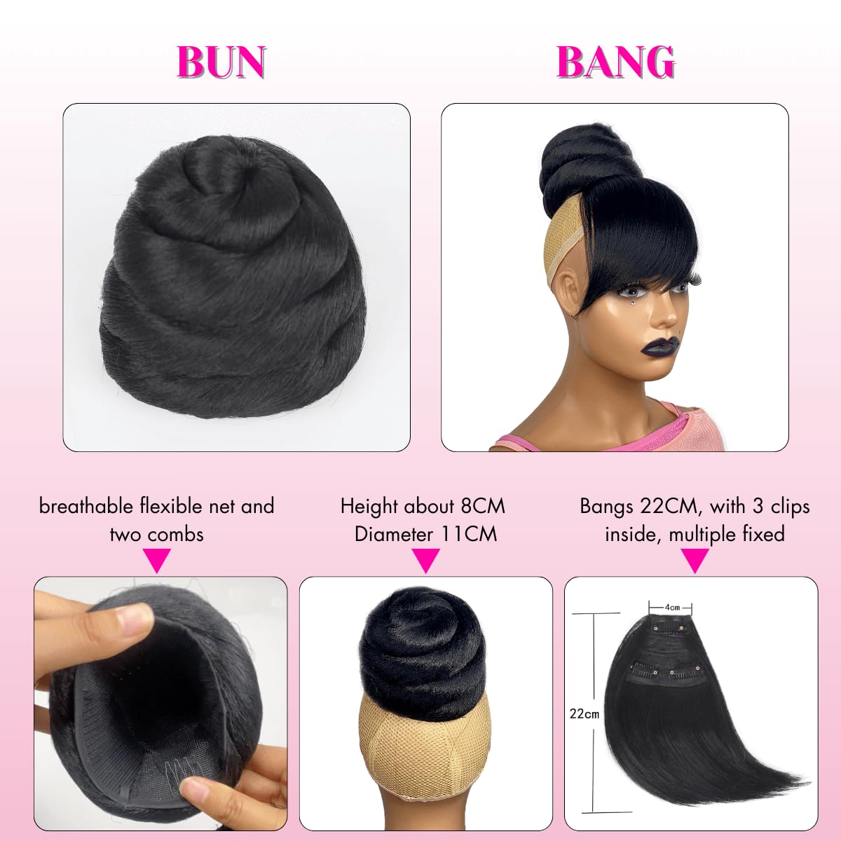 SWIRL BUN BANG SET 2PCS - Quick Medium Size China Bun with Swoop Side Bang