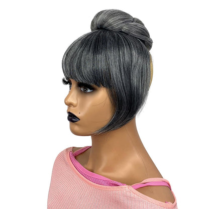 Salt and Pepper Grey Bun & Bangs Set 2PCS  for Black Women