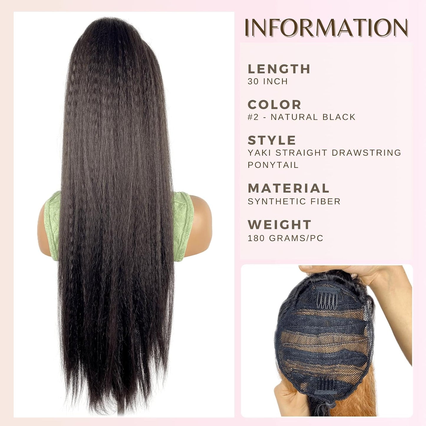 30inch Long Yaki Straight Drawstring Ponytail Extension for Black Women