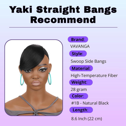 Short Yaki Straight Bangs Clip Side Swoop Bangs Hair Piece for Black Women