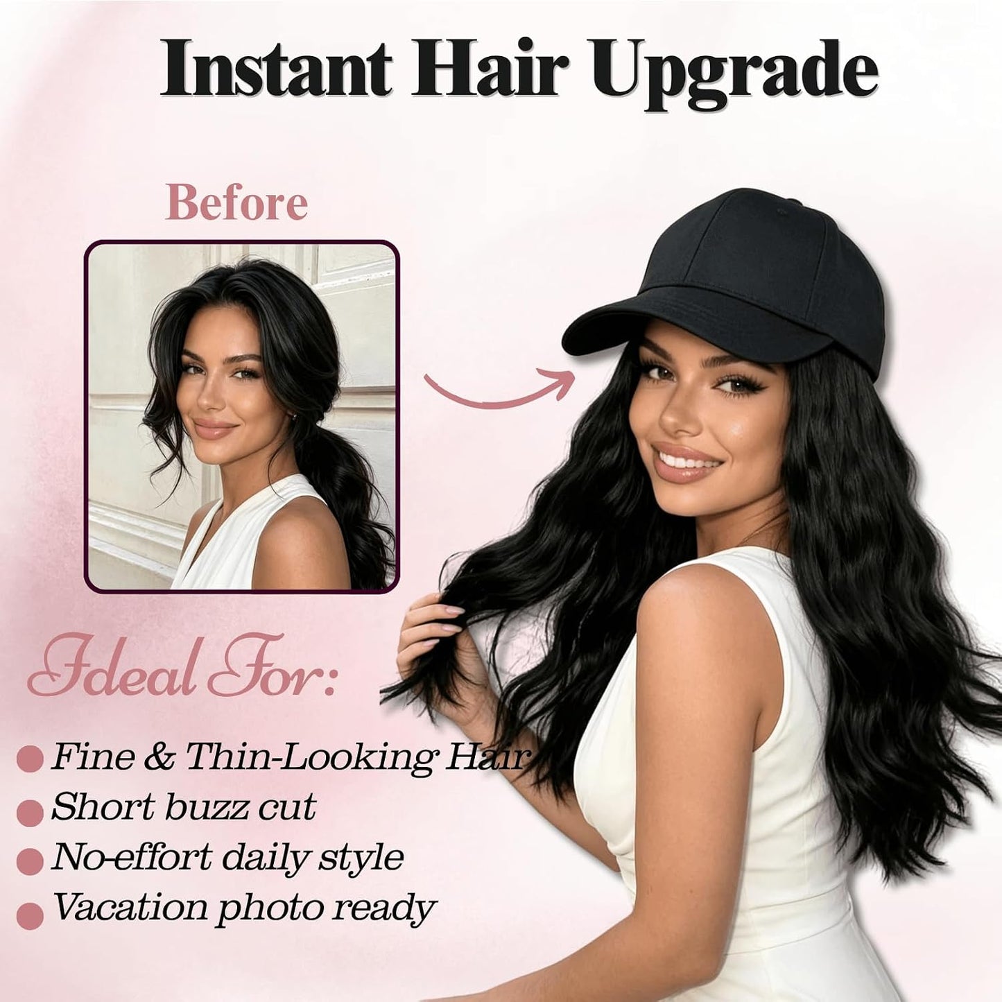 Baseball Cap with Hair Attached for Black Women 14inch Natural Wave Hat Wig