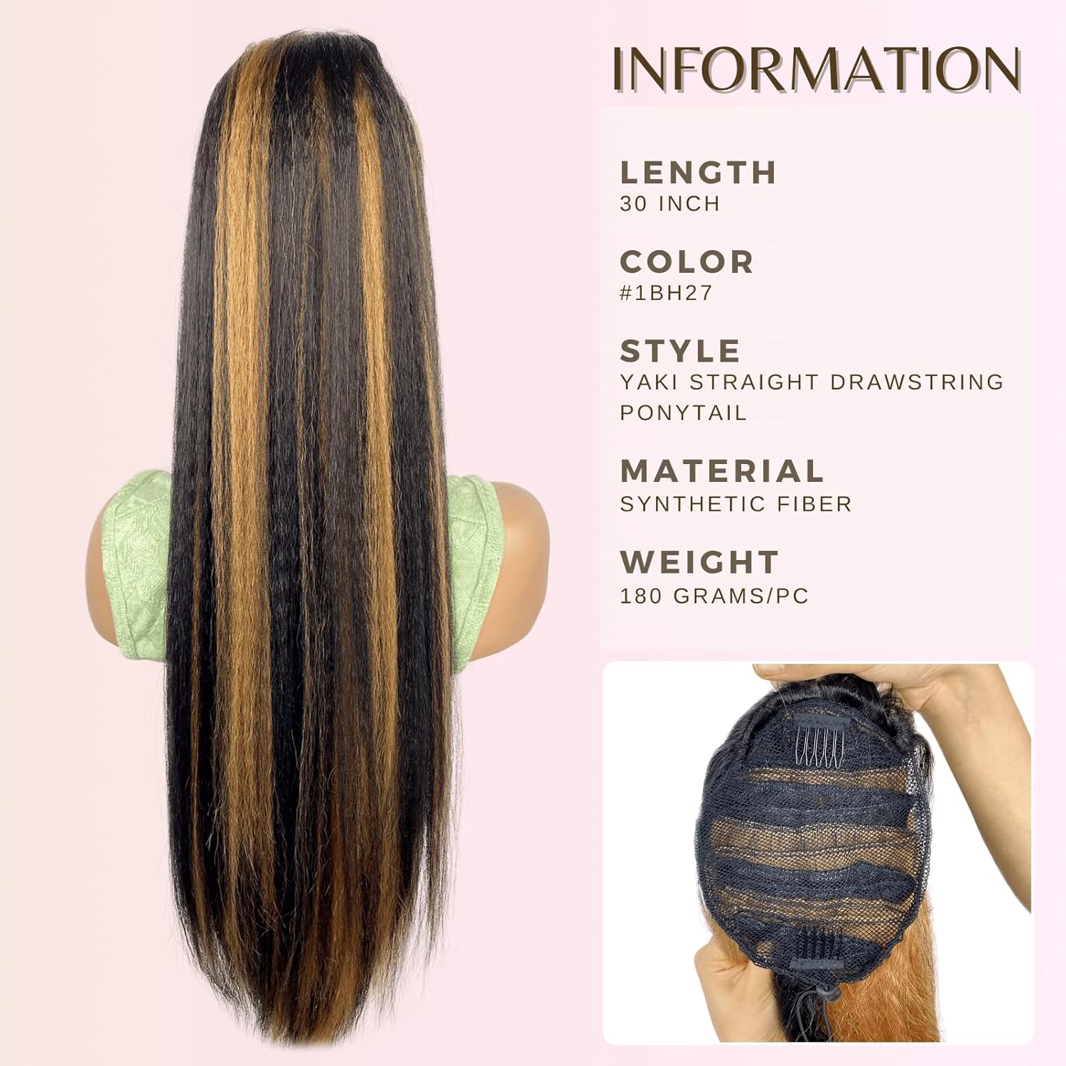 30inch Long Yaki Straight Drawstring Ponytail Extension for Black Women