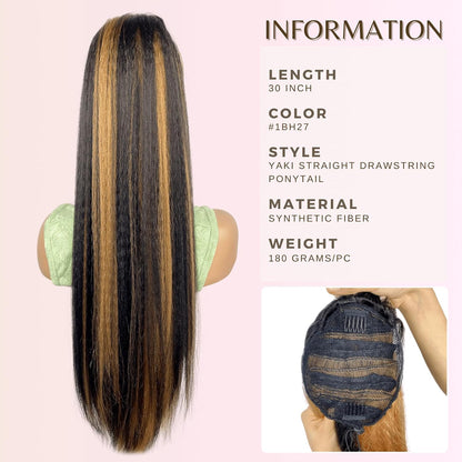 30inch Long Yaki Straight Drawstring Ponytail Extension for Black Women