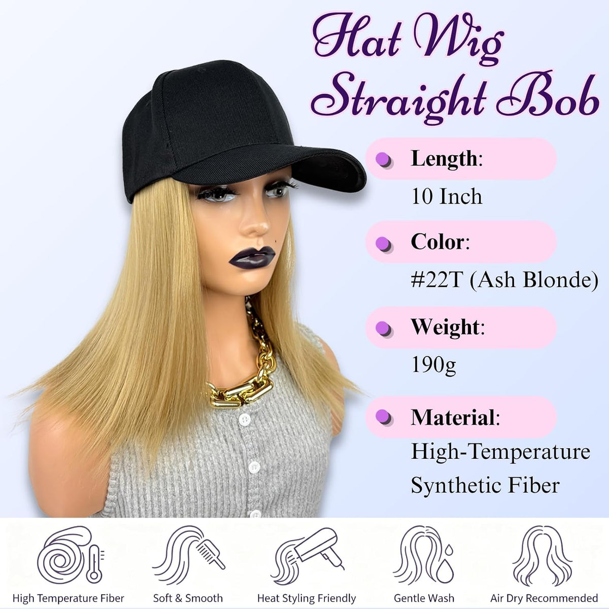 Baseball Cap with Bob Hair Attached Synthetic Bob Hat Wig for Women-Dark Brown