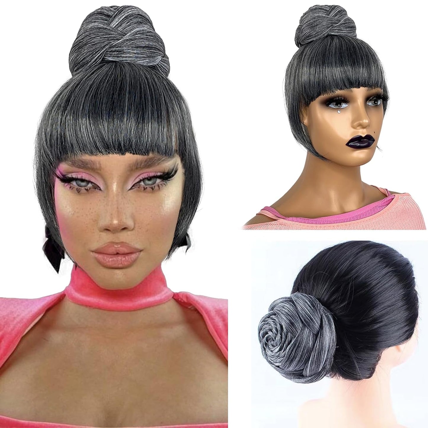 Salt and Pepper Grey Braided Bun with Bang Updo Braid Chignon for Black Women