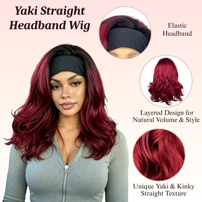 18inch Long Kinky Straight Yaki Wavy Headband Wig for Black Women