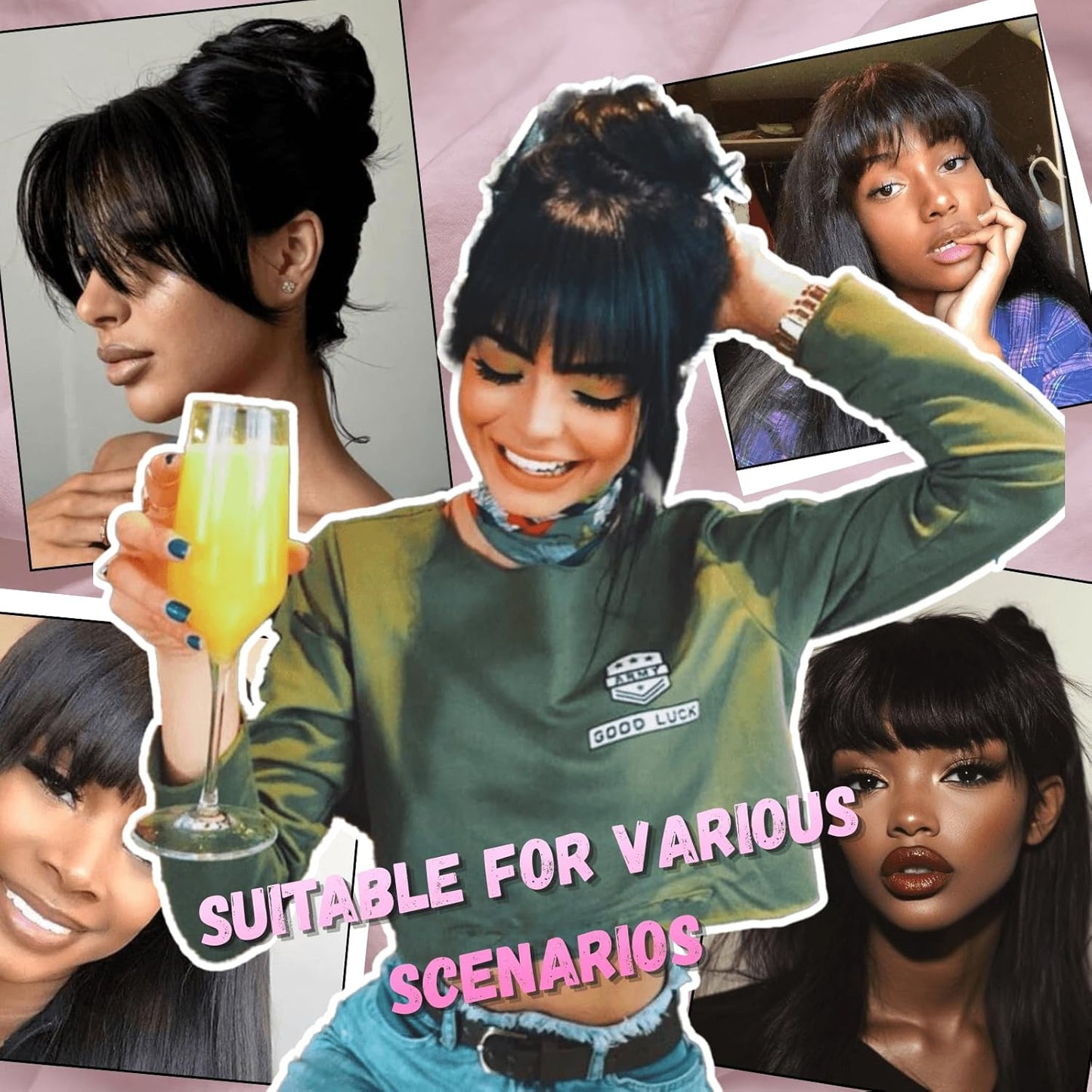 Short Kinky Straight Curtain Bangs Yaki Straight Bangs Hairpiece for Black Women