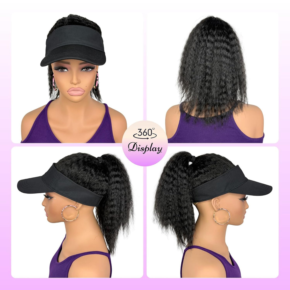 Hat Wigs with Kinky Curly Hair Ponytail Attached for Black Women