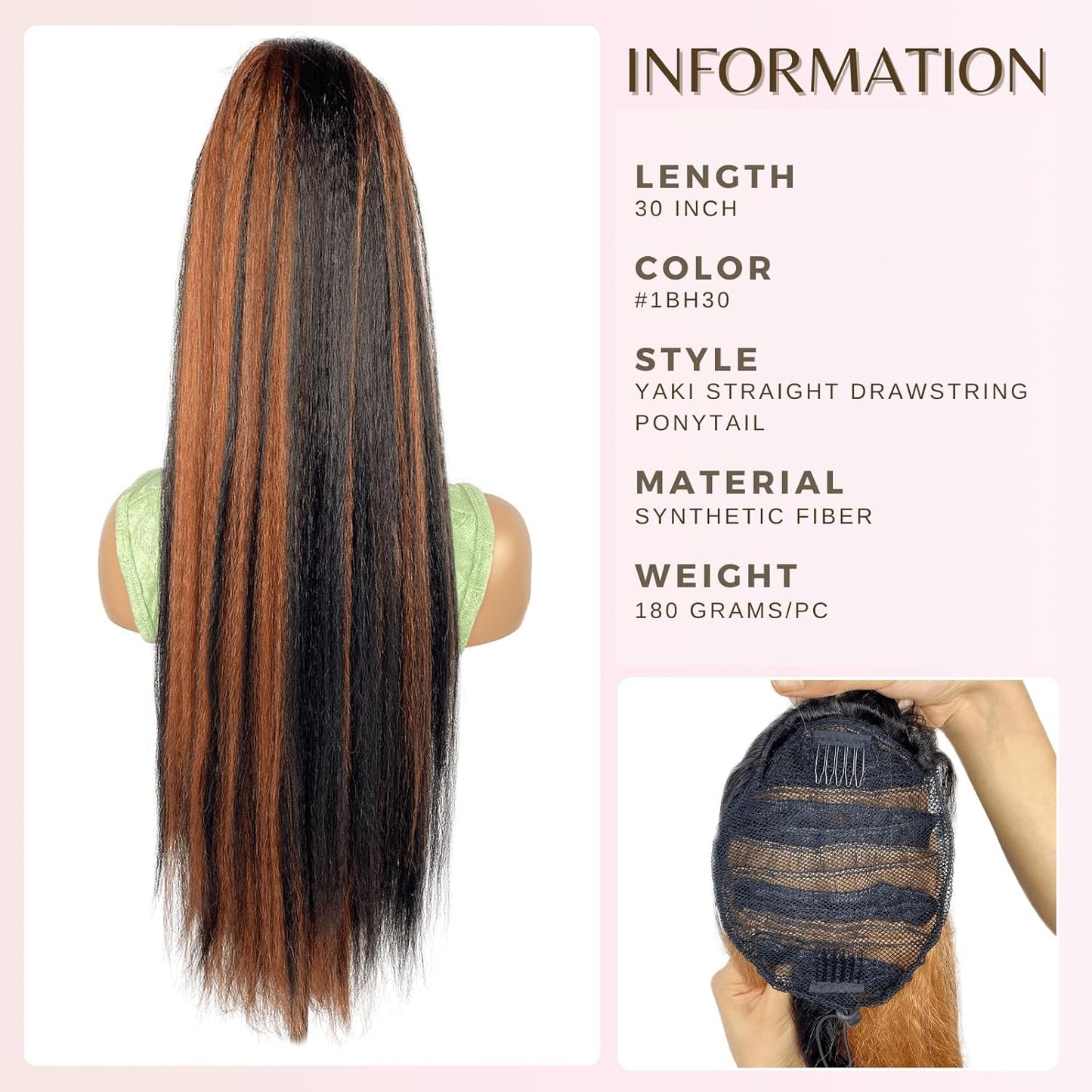 30inch Long Yaki Straight Drawstring Ponytail Extension for Black Women