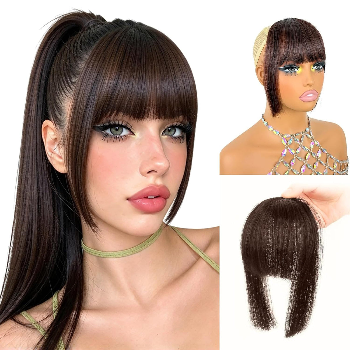 Clip in Bangs 100% Human Hair Fringe with Long Temples Hime Cut for Women
