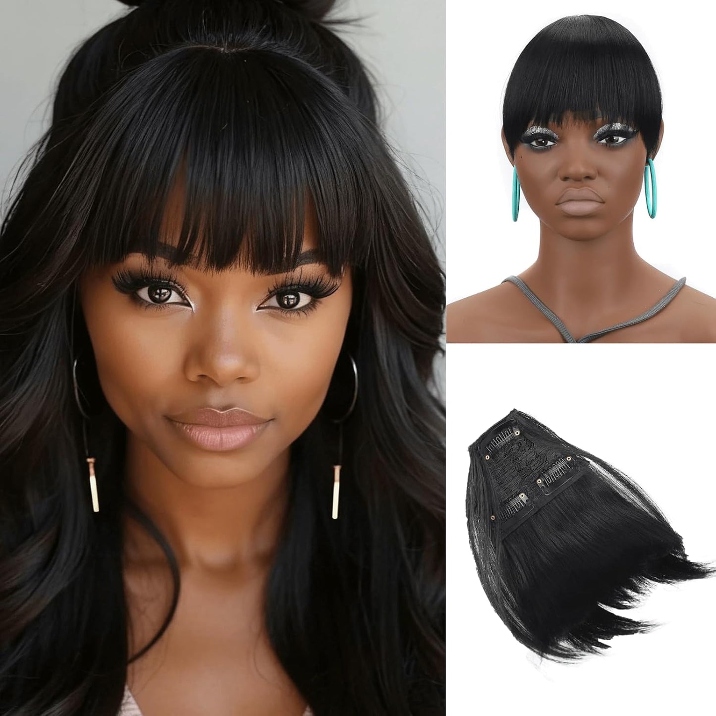 Short Kinky Straight Curtain Bangs Yaki Straight Bangs Hairpiece for Black Women