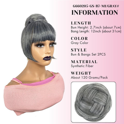 Grey Bun & Bangs Set 2PCS - Salt and Pepper Grey Twist Braided Chignon for Black Women