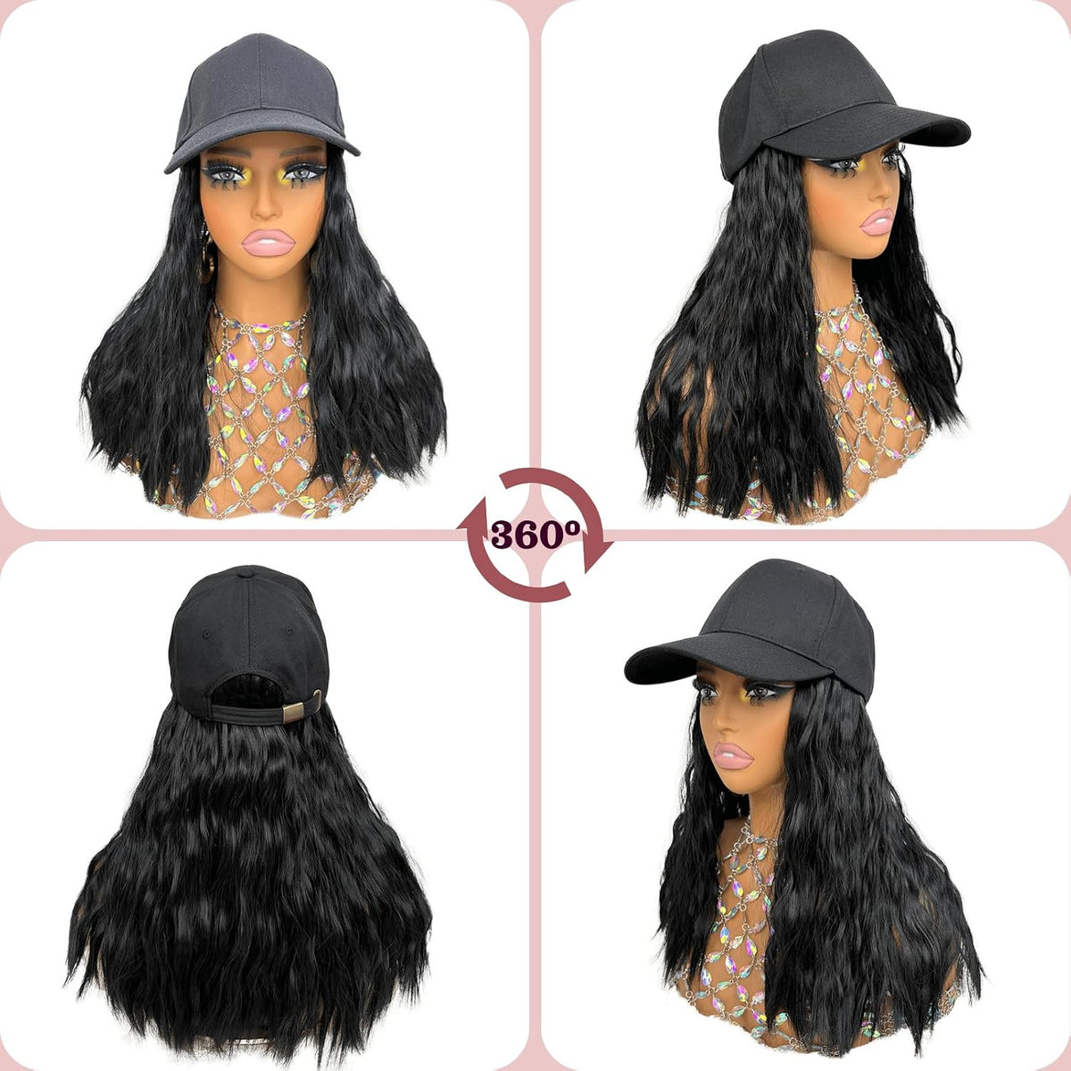 Baseball Cap with Hair Attached for Black Women 14inch Natural Wave Hat Wig