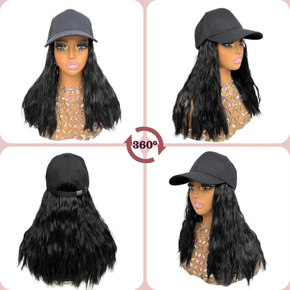 Baseball Cap with Hair Attached for Black Women 14inch Natural Wave Hat Wig