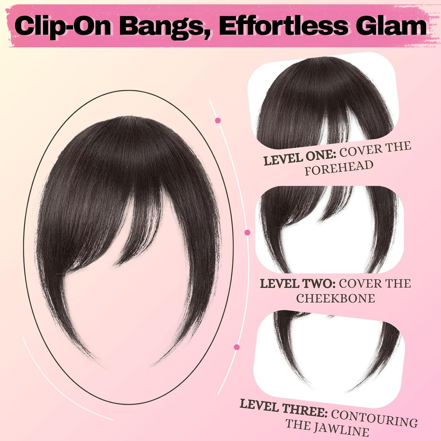 100% Real Human Hair Clip-In Extensions Thick Swept Bangs for Women