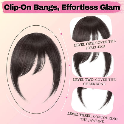100% Real Human Hair Clip-In Extensions Thick Swept Bangs for Women