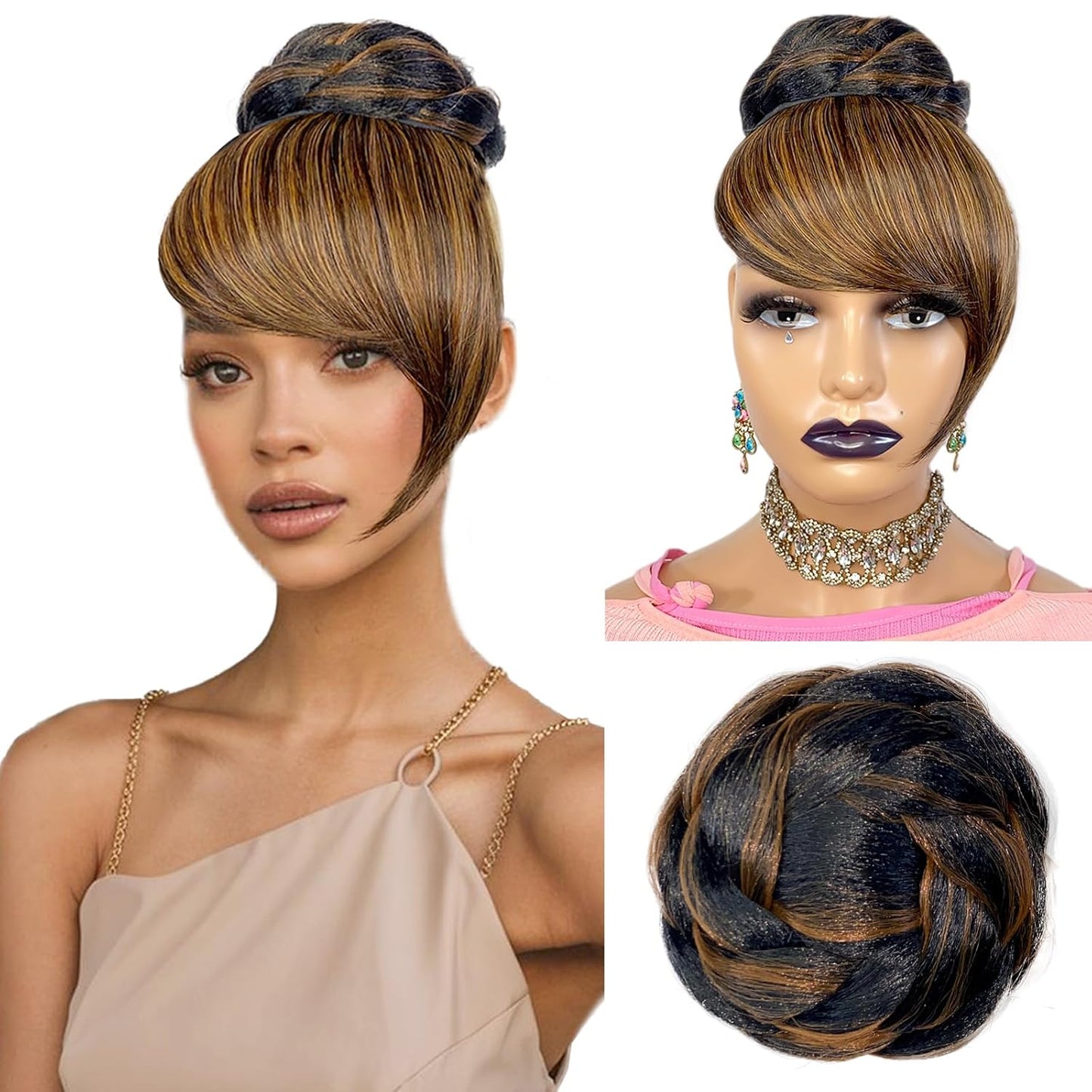 Brown Black Highlight Braided Bun with Bang for Black Women
