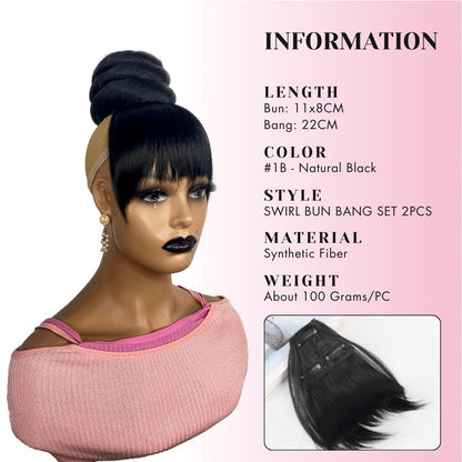 SWIRL BUN BANG 2PCS - Quick China Bun with Bang Updo Chignon for Black Women