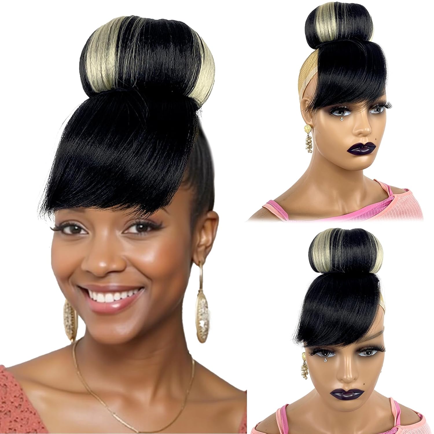 China Bun with Swoop Side Bang Updo Blonde Highlight Hairpiece for Black Women