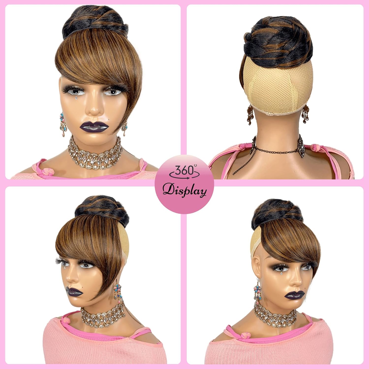 Brown Black Highlight Braided Bun with Bang for Black Women