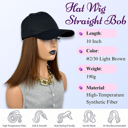 Baseball Cap with Bob Hair Attached Synthetic Bob Hat Wig for Women-Dark Brown