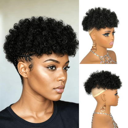 Short Afro Hair Topper Synthetic Hair Mohawk Ponytail for Black Women ombre brown #2