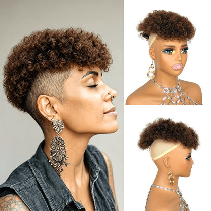 Short Afro Hair Topper Synthetic Hair Mohawk Ponytail for Black Women ombre brown T33
