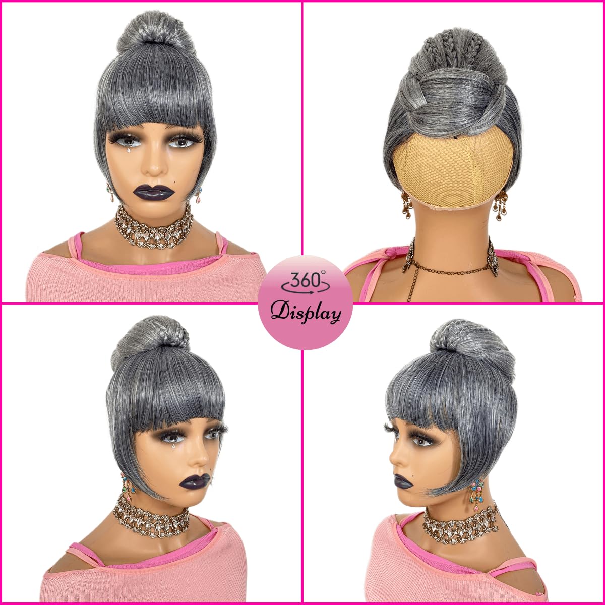 Salt and Pepper Grey Bun & Bang  Set  Hair Piece for Black Women