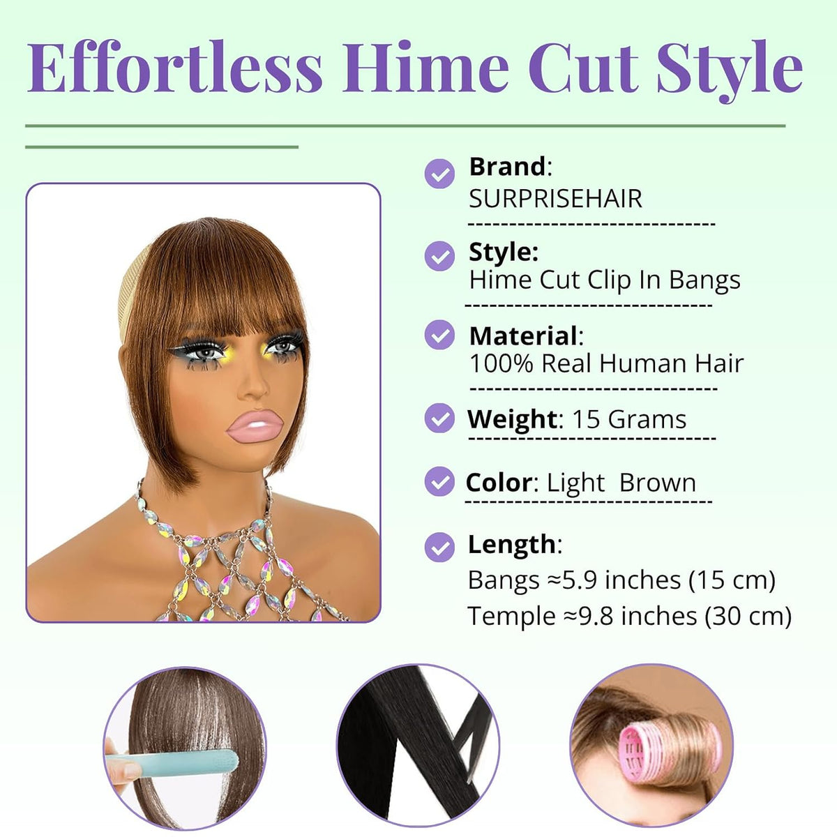 Clip in Bangs 100% Human Hair Fringe with Long Temples Hime Cut for Women